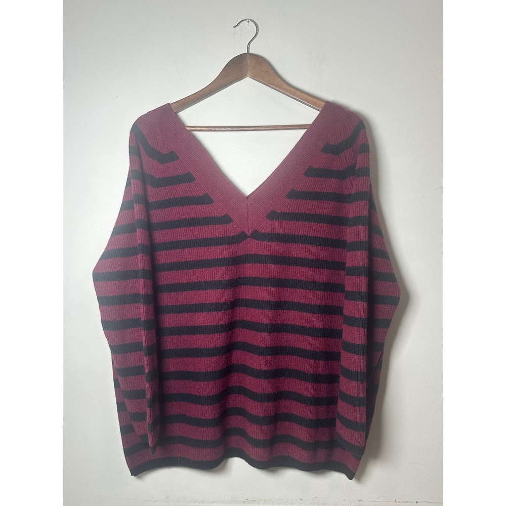 Minnie Rose Burgundy Black Striped Luxury 100% Cashmere V-Neck Sweater Large
